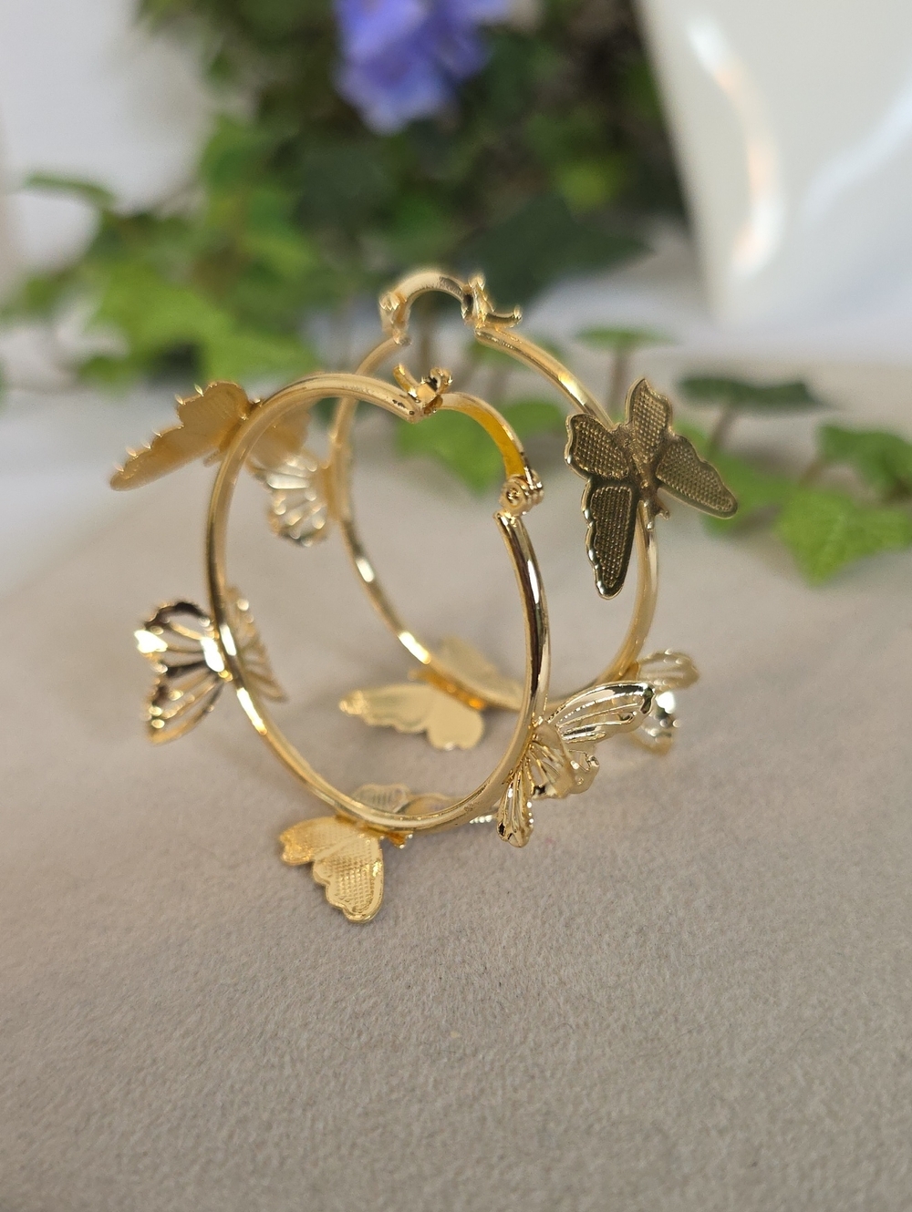 Gold Filled Butterfly Hoop Earrings 3D Textured Charm Statement Hoops